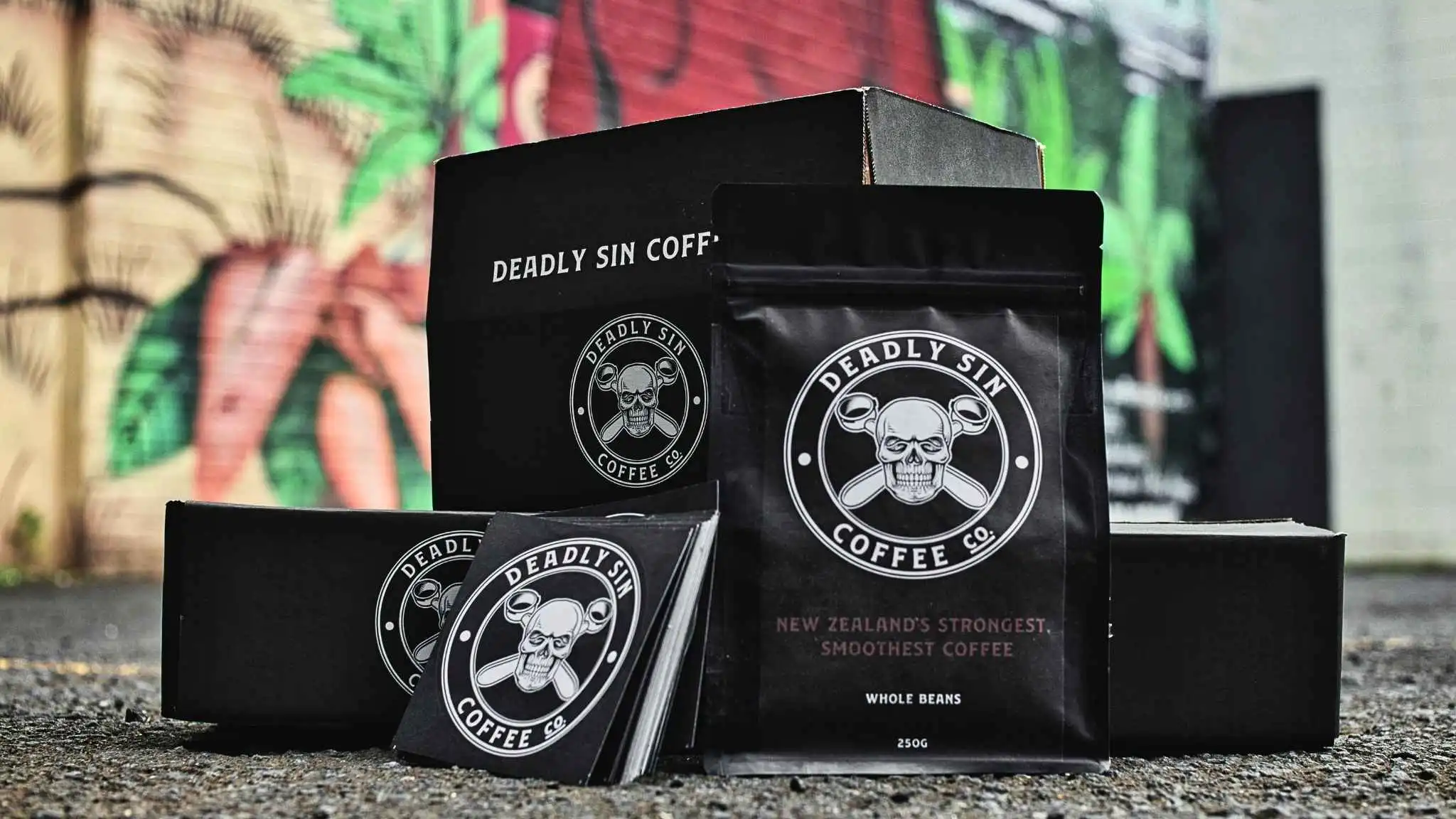 Deadly Sin Coffee Co. product display - outdoor arrangement.